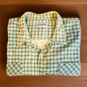 Vintage Haband Light Weight Pearl Button Green White Plaid Men's Size 48 Shirt